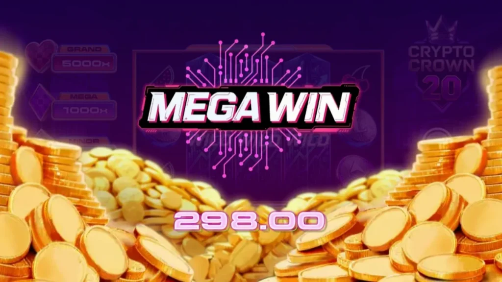 Interface do jogo de slot Crypto Crown 20 com símbolos de criptomoedas e frutas neon.