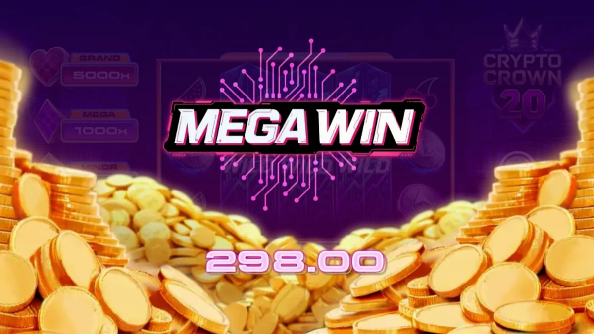 Interface do jogo de slot Crypto Crown 20 com símbolos de criptomoedas e frutas neon.