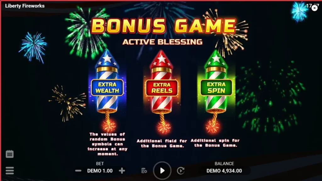 Interface vibrante do slot Liberty Fireworks 3 Pots com fogos de artifício