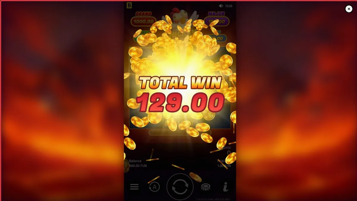 Interface do jogo de slot Chicken Fire com tema de fazenda e frutas